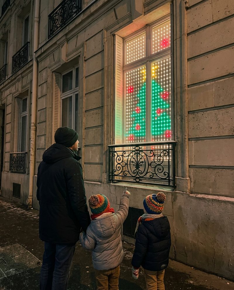 Un père et ses deux enfants regardent depuis le trottoir une fenêtre qui affiche un sapin lumineux