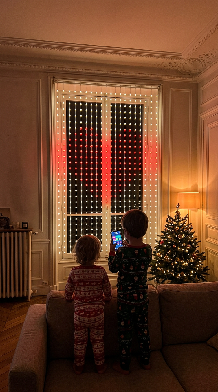Deux enfants allument le rideau Pixlo depuis un téléphone dans leur salon